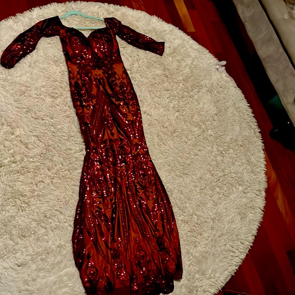 Floor length ball gown red sequins quarter sleeve